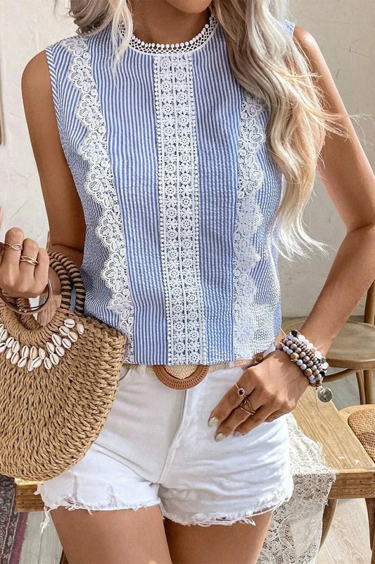 Stripe Lace Patchwork Crew Neck Sleeveless Top Simply Love