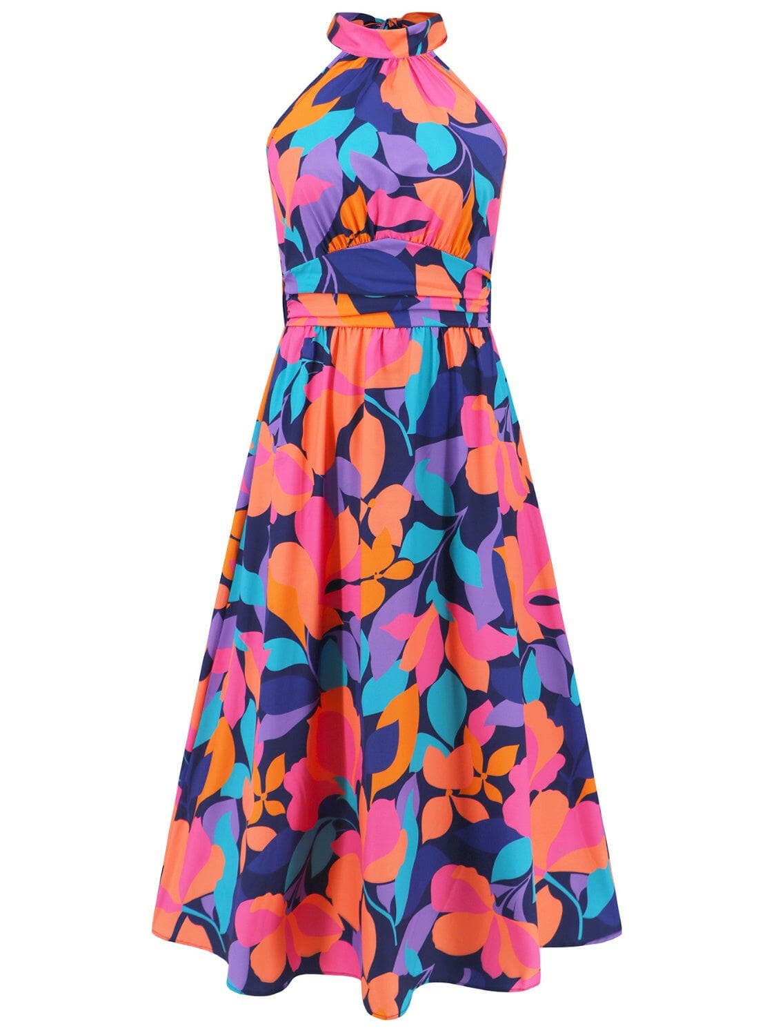 Ruched Printed Halter Neck Sleeveless Dress.