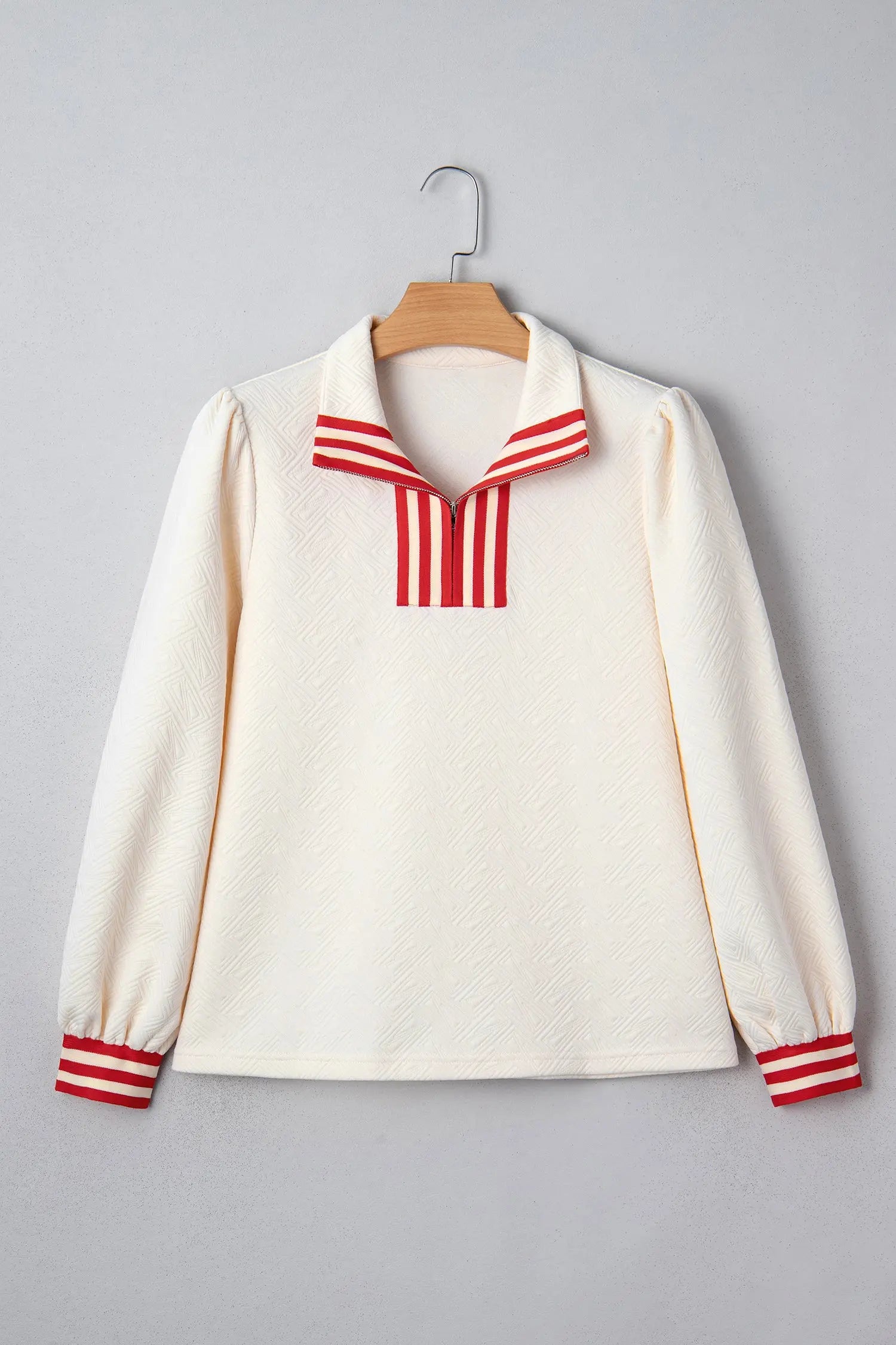 White Textured Knit Zipped Collar Pullover With Striped Contrast Accent Dear-Lover Dropshipping