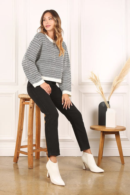 Chic herringbone crew neck sweater for effortless style