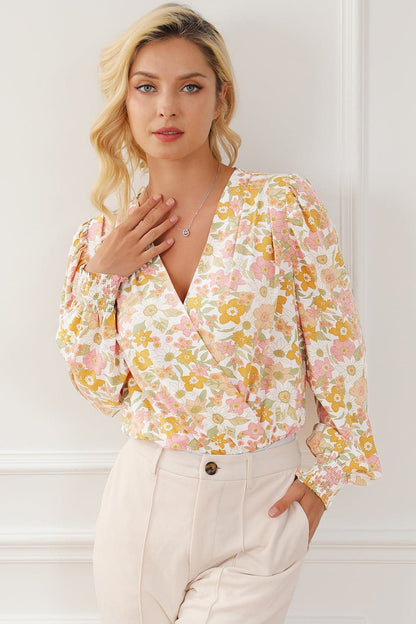 Floral Surplice Lantern Sleeve Bodysuit.