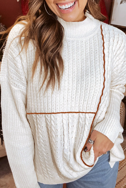 White Mix Texture Patchwork Knit Sweater With Contrast Stitch Mock Neck Dear-Lover Dropshipping