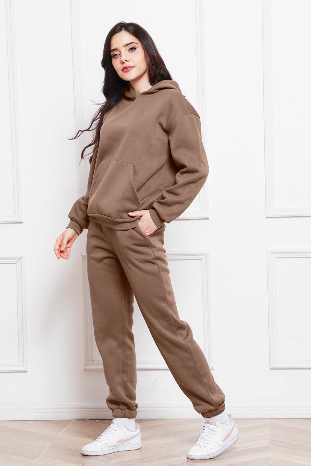 Drop Shoulder Long Sleeve Hoodie and Pants Set.