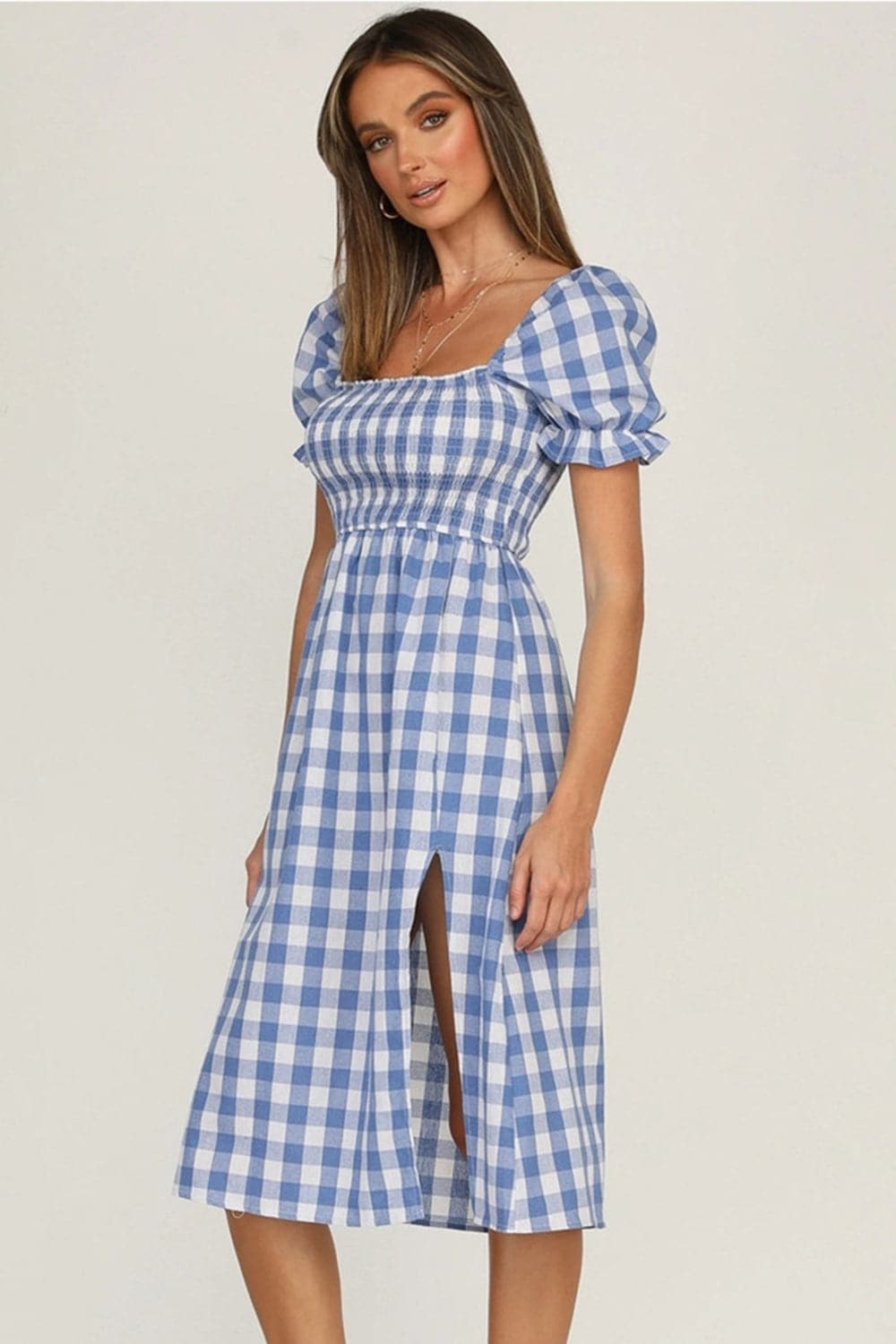 Full Size Slit Plaid Short Sleeve Midi Dress.