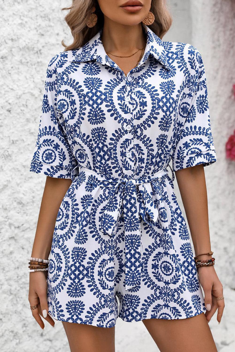 Tied Printed Short Sleeve Romper.