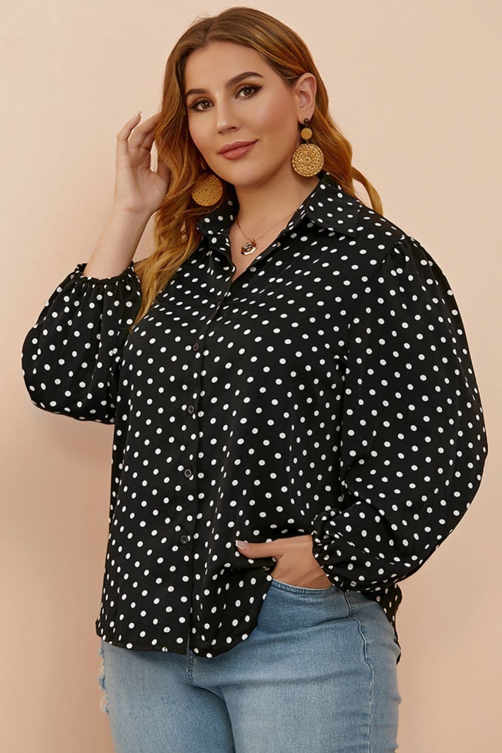 Plus Size Polka Dot Balloon Sleeve Shirt.