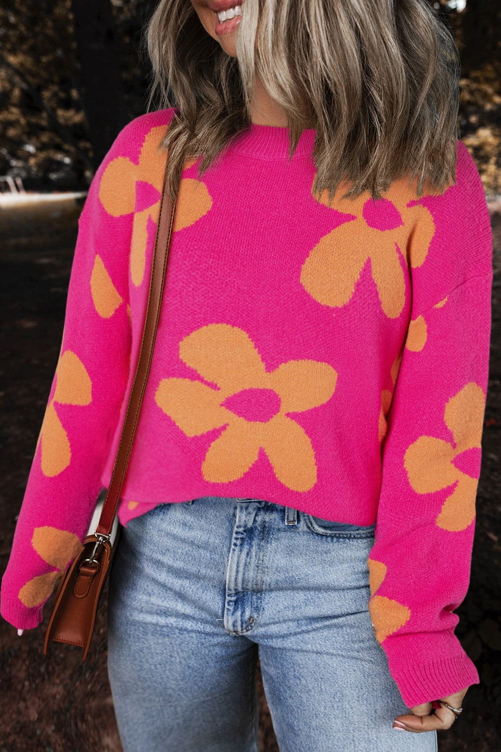 Flower Round Neck Long Sleeve Sweater.