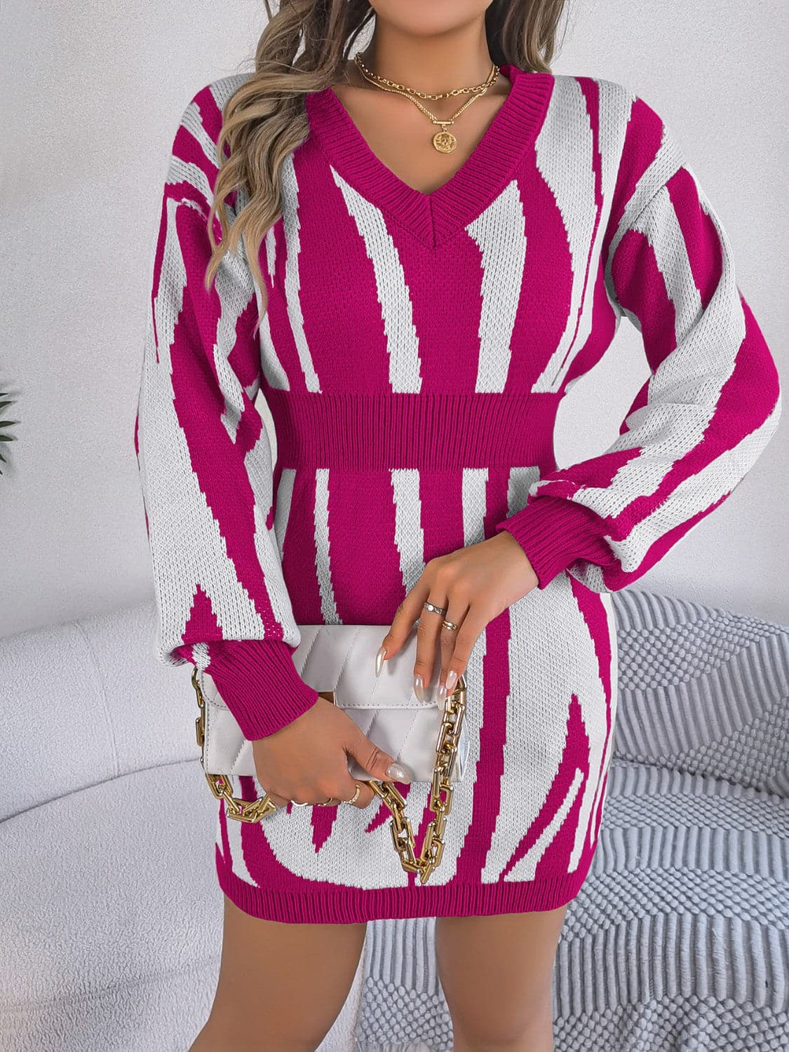 Animal Print V-Neck Long Sleeve Sweater Dress.