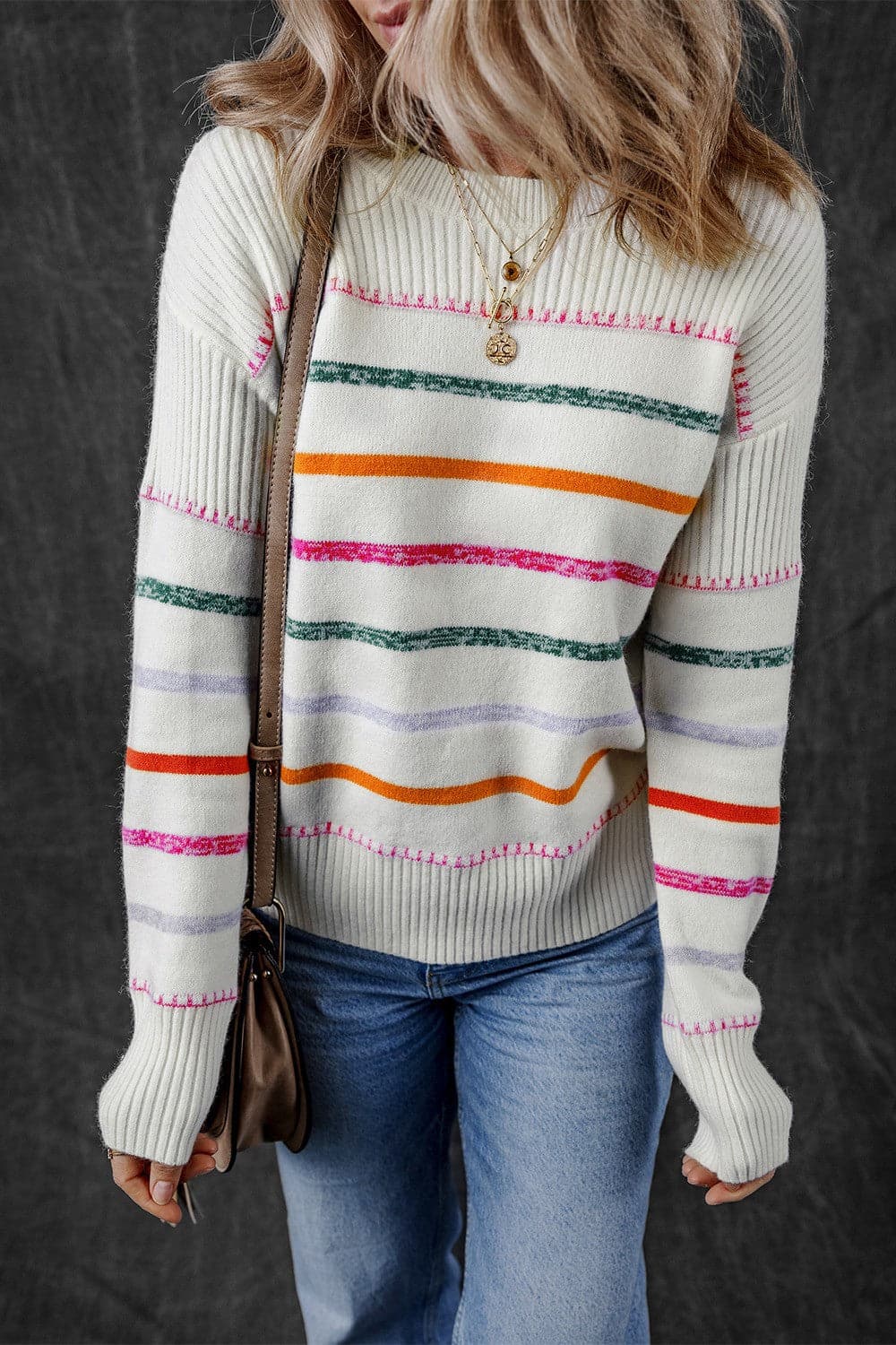 Striped Round Neck Dropped Shoulder Sweater.