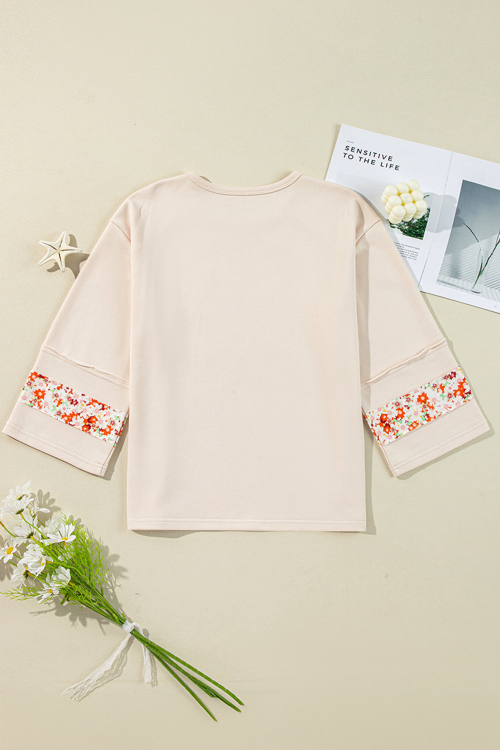 Beige floral wide sleeve top