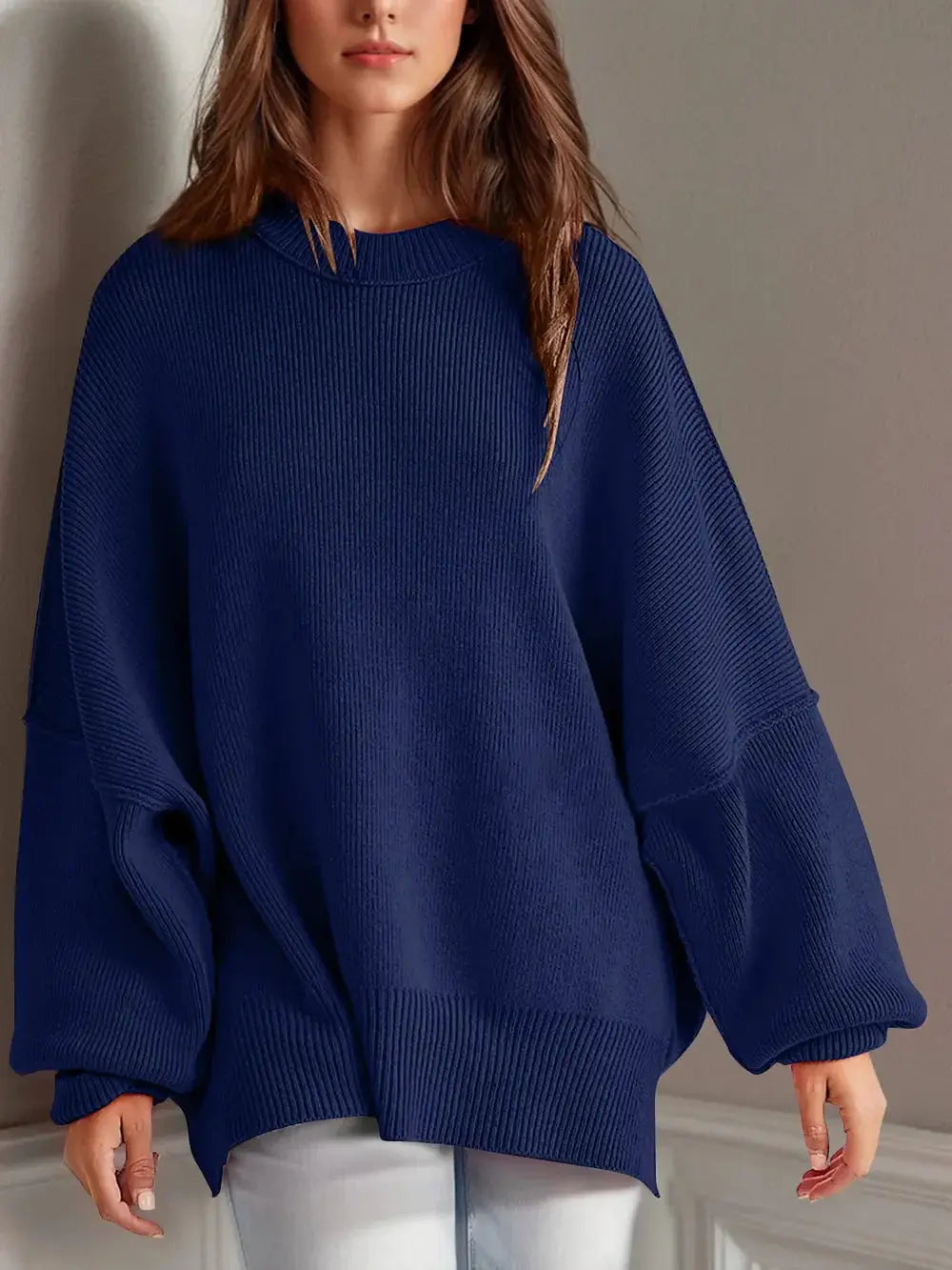 Double Take Side Slit Round Neck Long Sleeve Sweater - Love Salve
