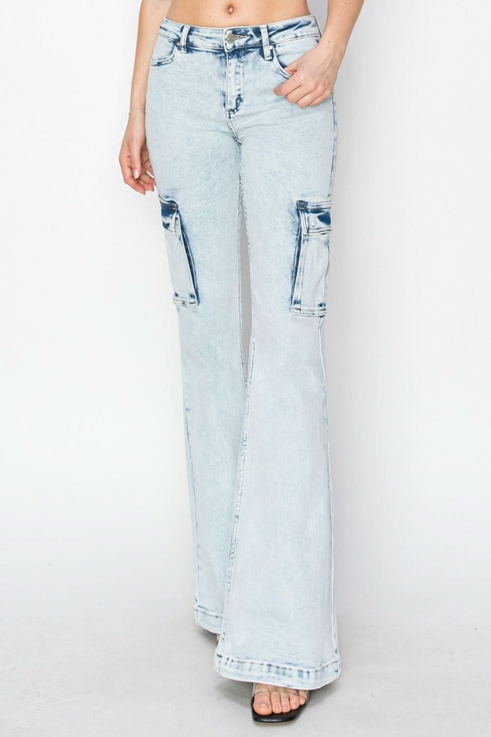 RISEN Full Size High Rise Cargo Flare Jeans