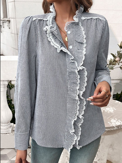 Lace Detail Ruffled Round Neck Long Sleeve Shirt.