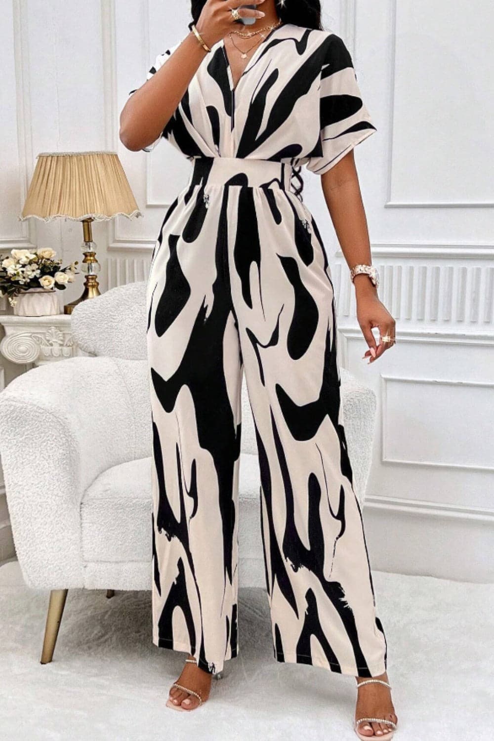 Printed V-Neck Short Sleeve Wide Leg Jumpsuit.