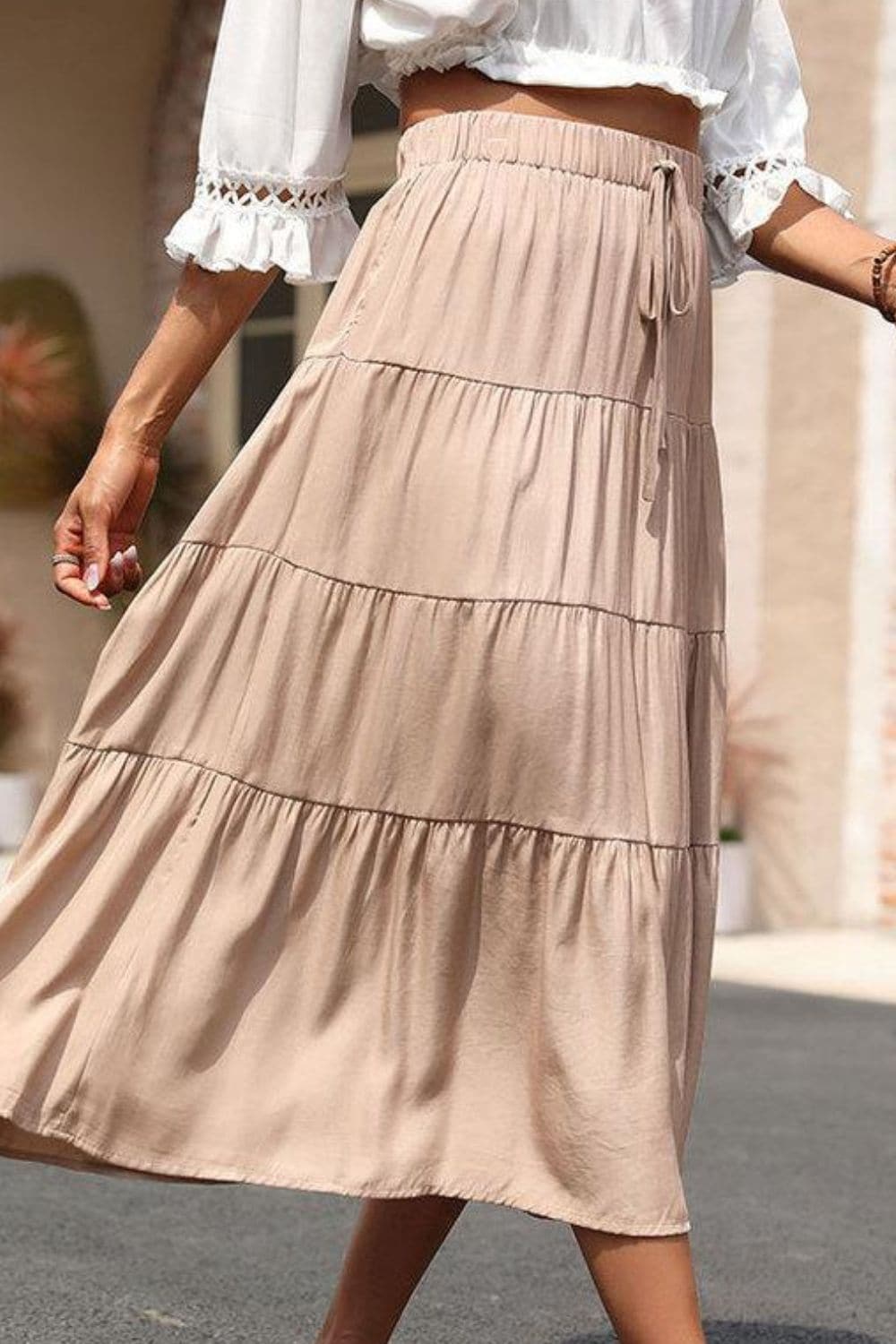 Elastic Waist Tiered Midi Skirt.