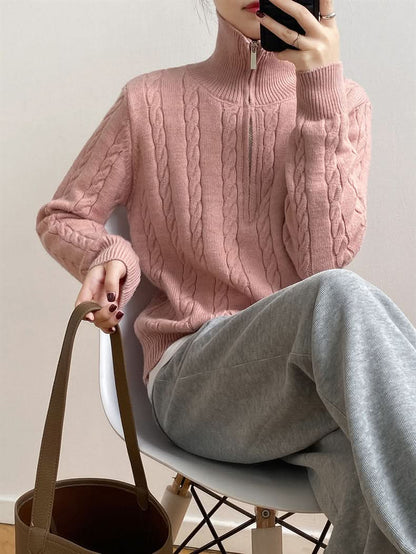 Cozy cable-knit half zip sweater with moderate stretch