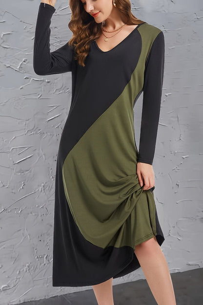 Contrast Long Sleeve Midi Dress.