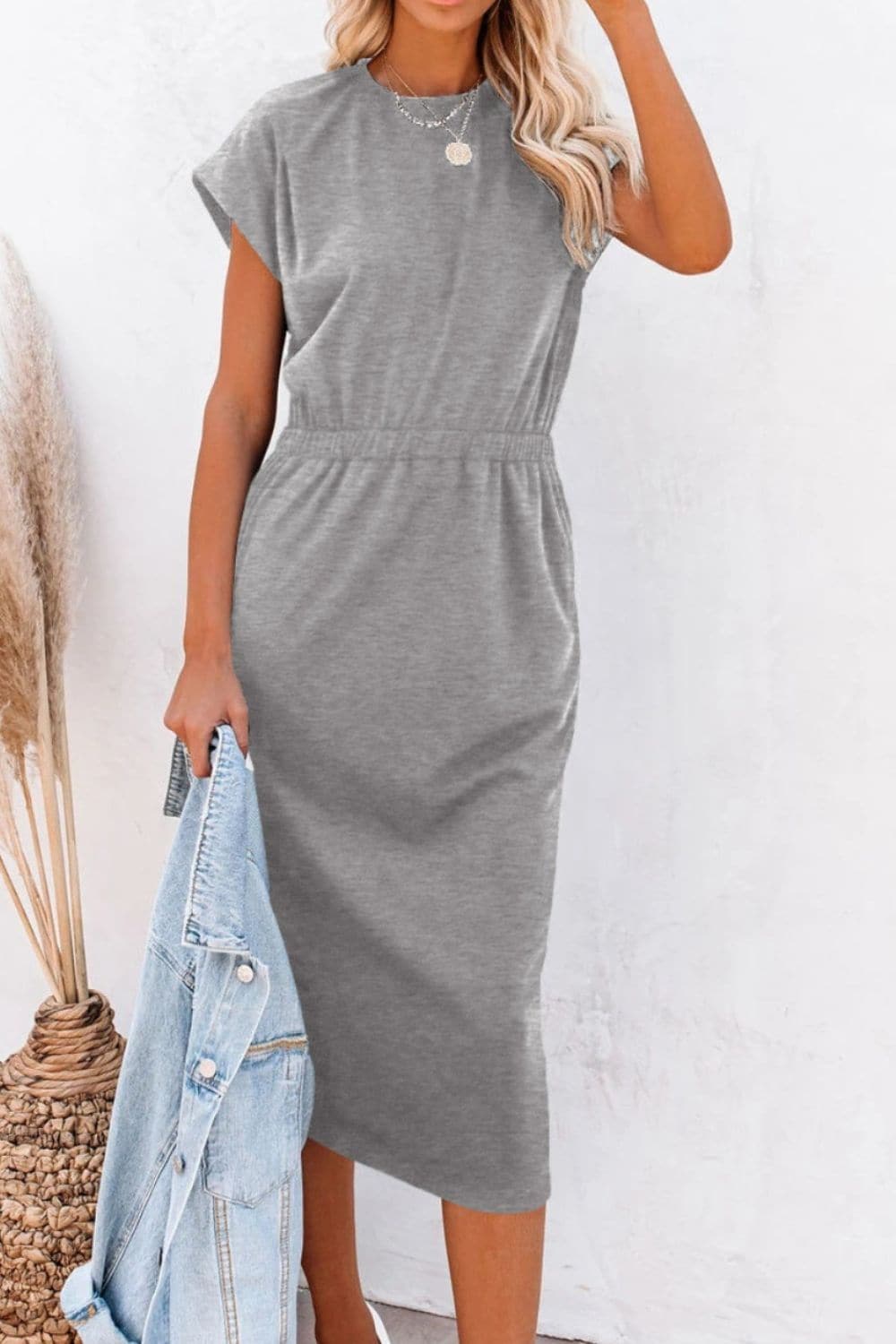 Pocketed Round Neck Cap Sleeve Dress.