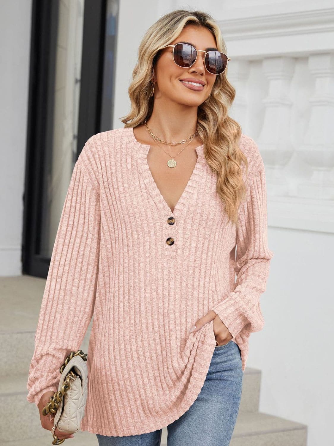 Ribbed Notched Long Sleeve T-Shirt.