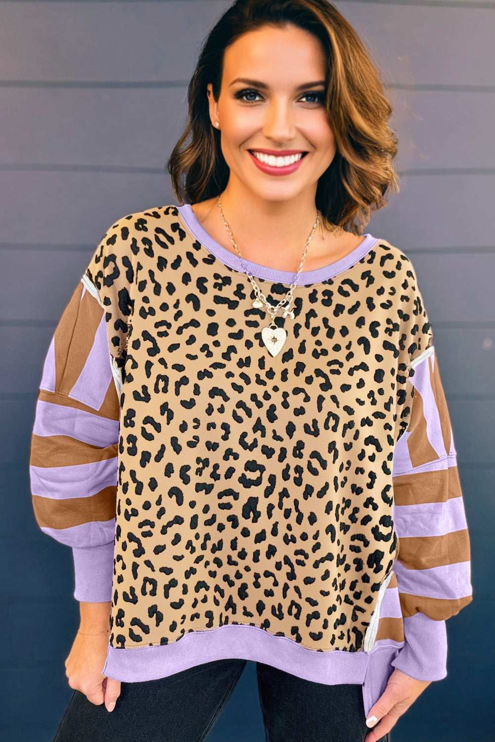 Premium Purple Leopard Striped Patchwork Plus Size Loose Sweatshirt