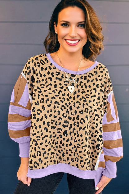 Premium Purple Leopard Striped Patchwork Plus Size Loose Sweatshirt