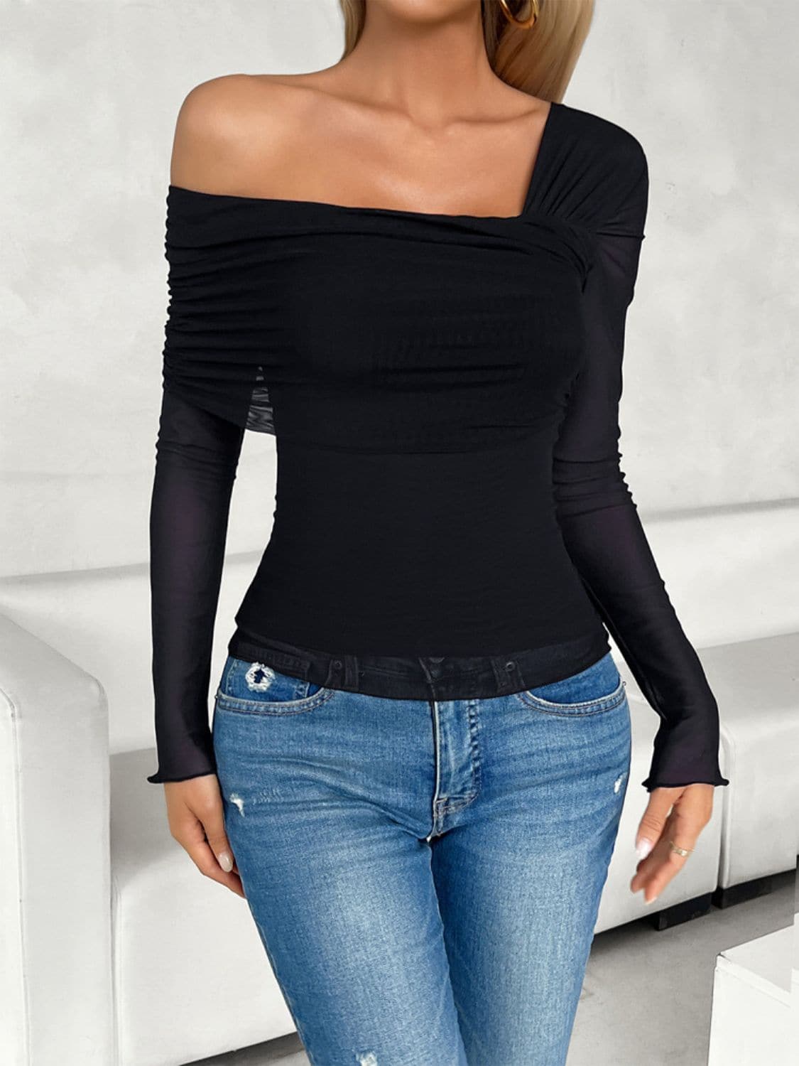 Ruched Asymmetrical Long Sleeve T-Shirt.