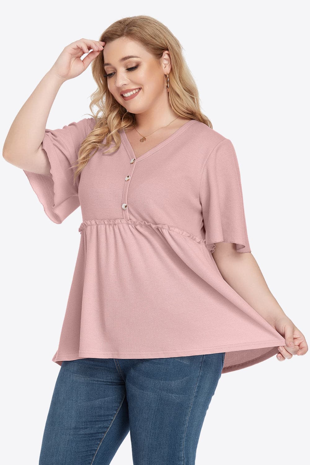 Plus Size Buttoned V-Neck Frill Trim Babydoll Blouse.