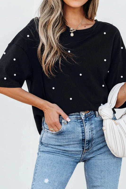 Pearl Beaded Round Neck Half Sleeve T Shirt Simply Love