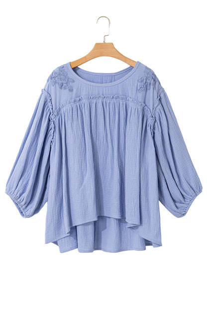 Elegant plus size crochet detail babydoll blouse in beau blue