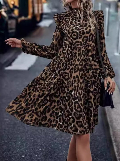 Ruffled leopard print mock neck mini dress with long sleeves