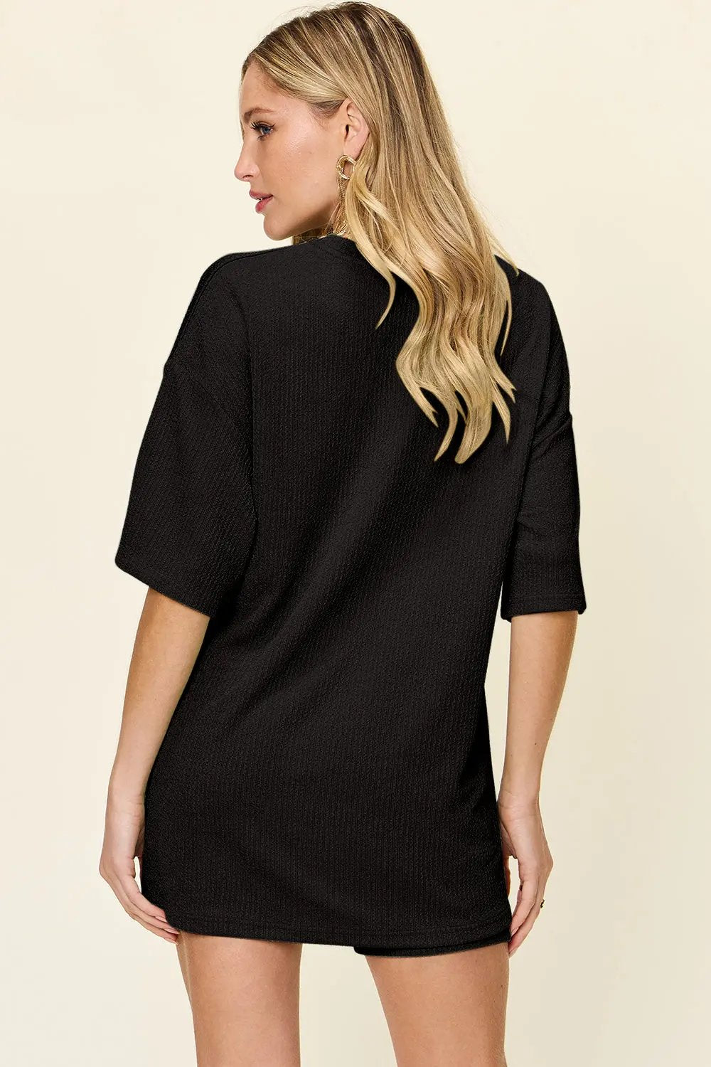 Double Take Full Size Texture Round Neck Drop Shoulder T-Shirt and Shorts Set - Love Salve