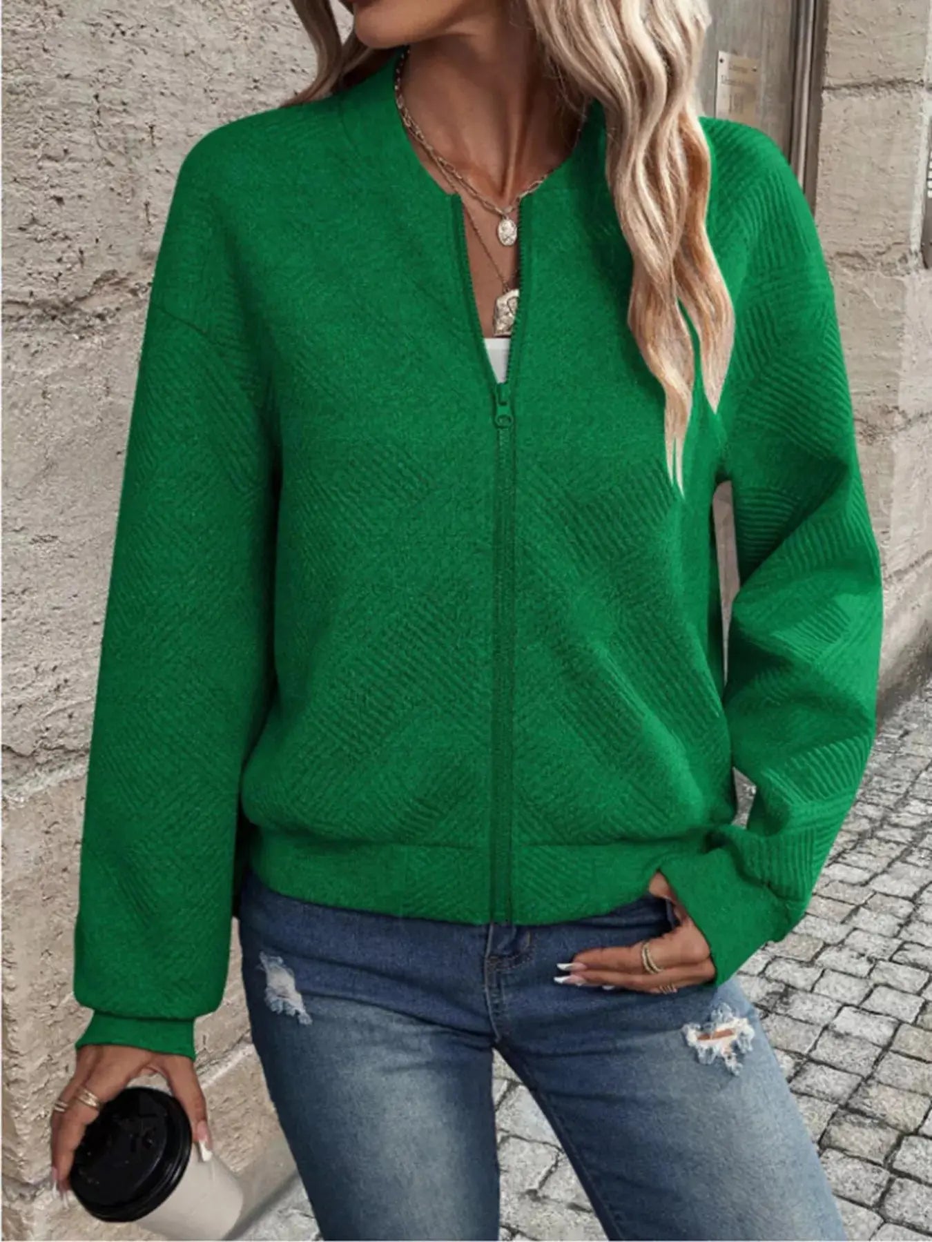 Textured Knit Zip-Up Bomber Jacket Simply Love