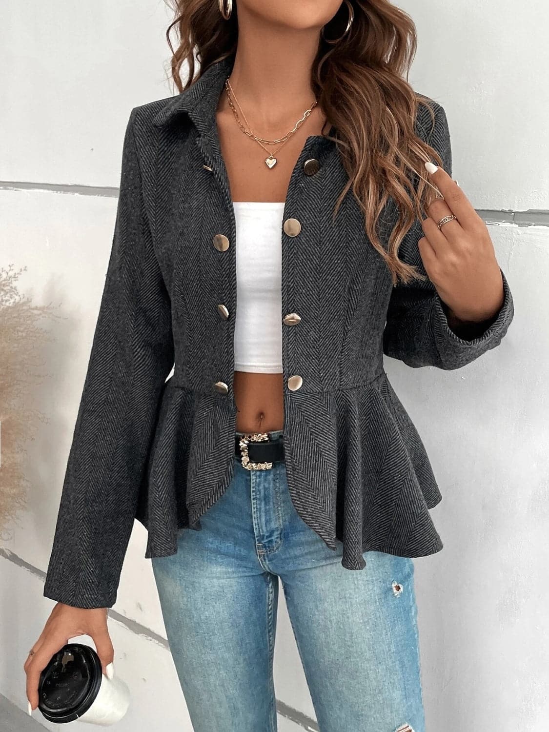 Ruffle Hem Collared Blazer.