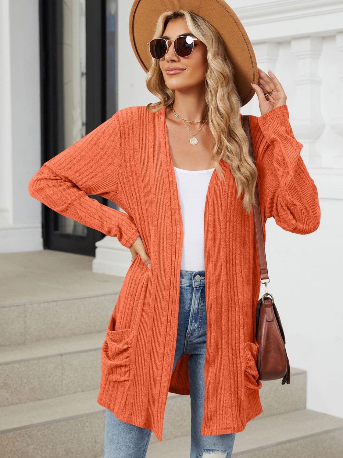 Pocketed Open Front Long Sleeve Cardigan.