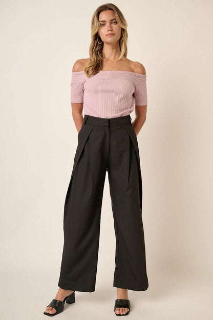 High-Waisted Linen Blend Wide Leg Trousers with Deep Pleats