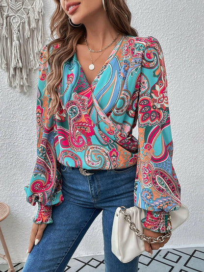 Printed Surplice Smocked Lantern Sleeve Blouse.