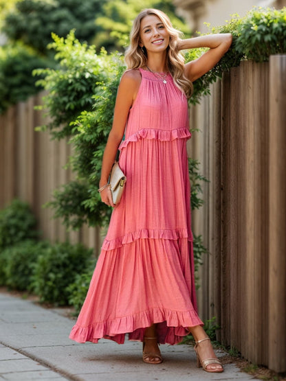 Ruffled Sleeveless Tiered Maxi Dress with Pockets.