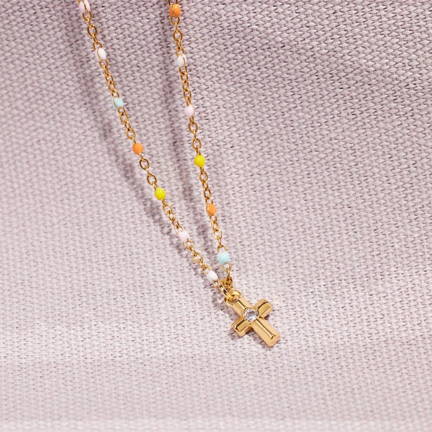 Inlaid Zircon 18K Gold-Plated Cross Bead Necklace.