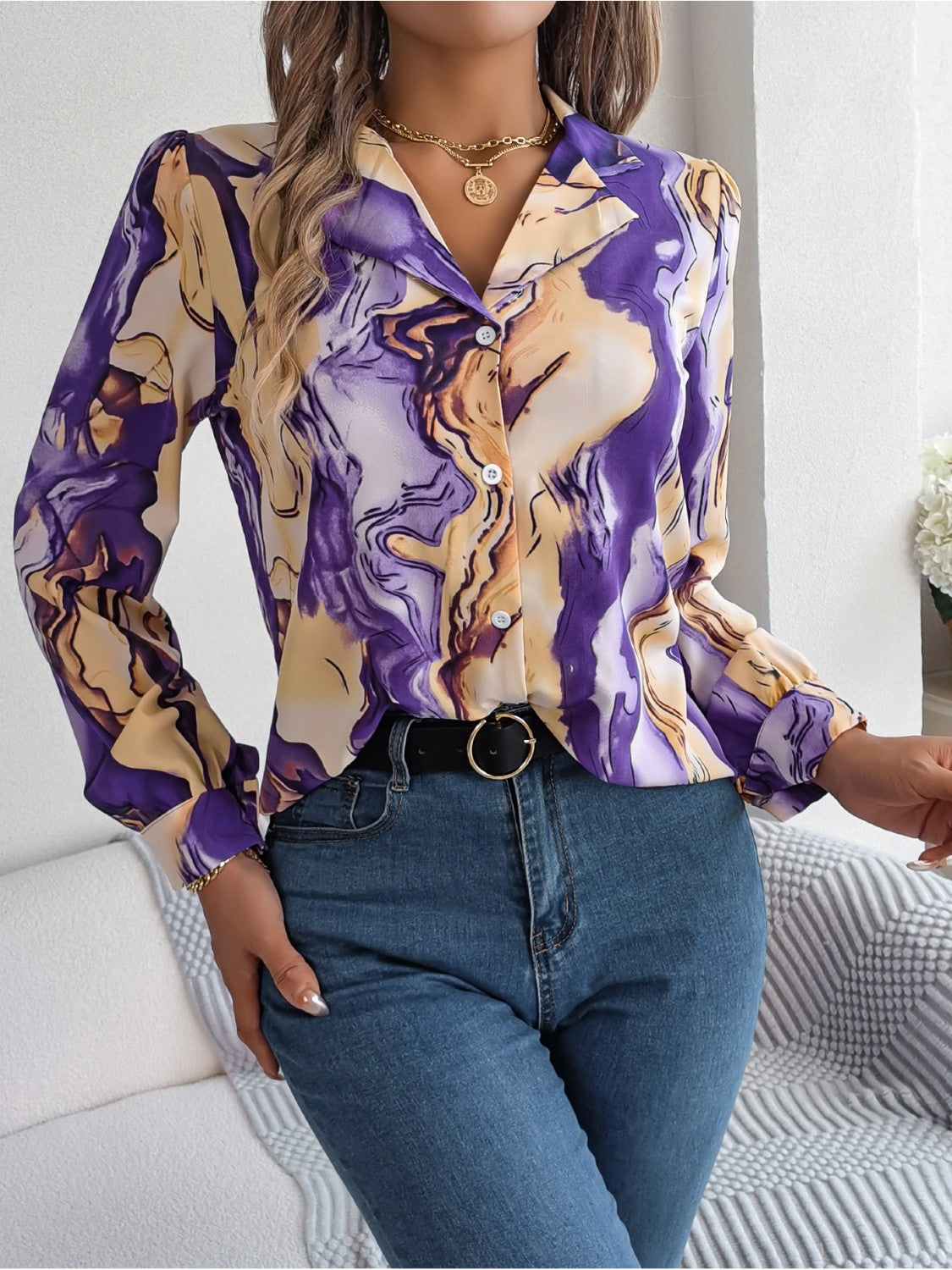 Printed Button Up Long Sleeve Shirt Coco’s Tee Boutique
