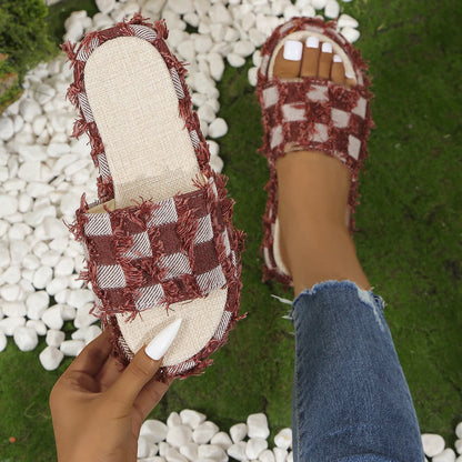 Fringe Checkered Platform Sandals.