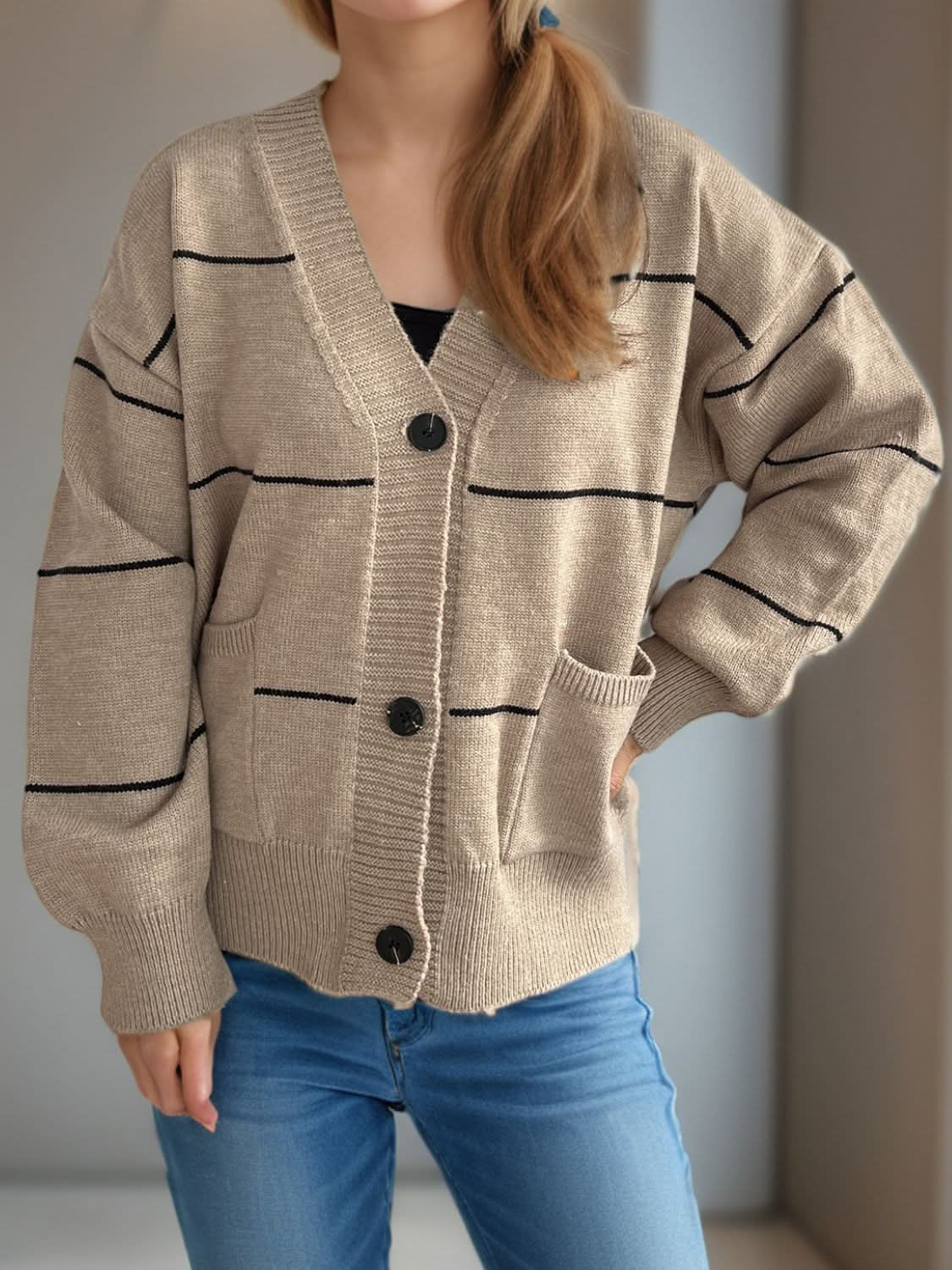 Striped Button Down V-Neck Long Sleeve Cardigan