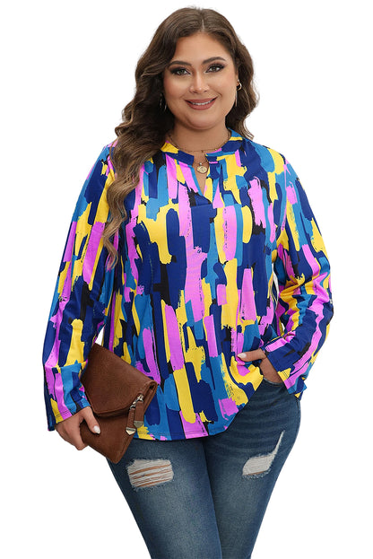 Chic blue plus size brushstroke print blouse with 3/4 sleeves