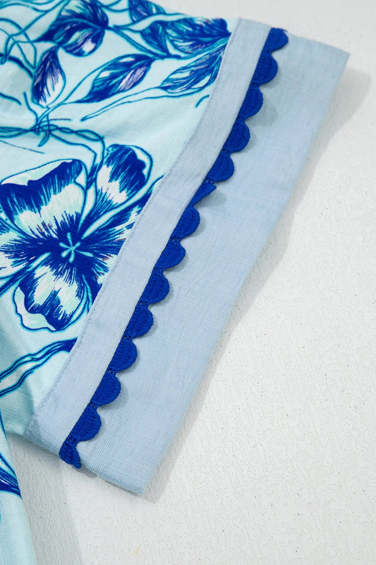 Sky Blue Ricrac Trim Slit V Neck Short Sleeve Floral Blouse Dear-Lover Dropshipping