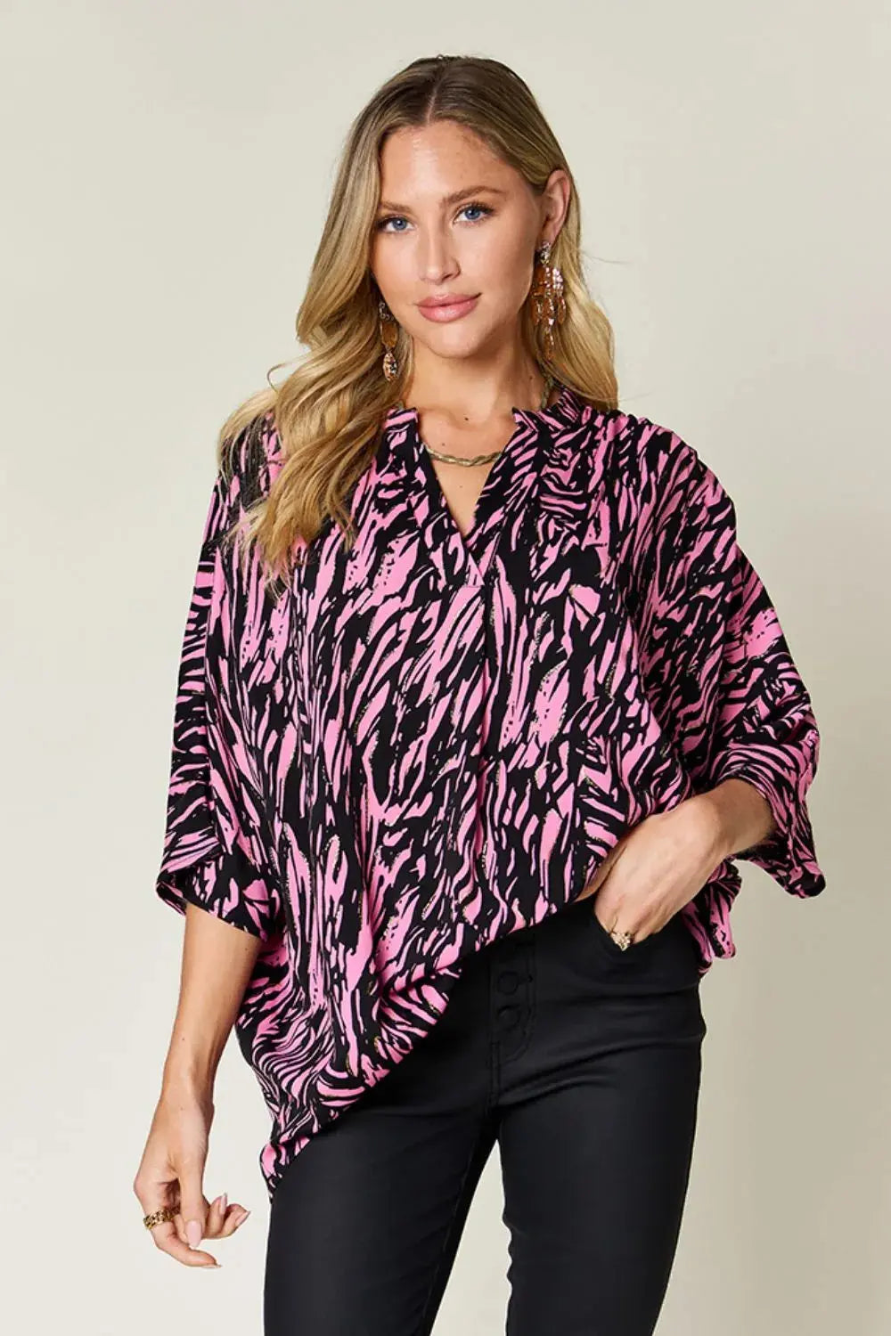 Double Take Full Size Printed Notched Three-Quarter Sleeve Blouse - Love Salve
