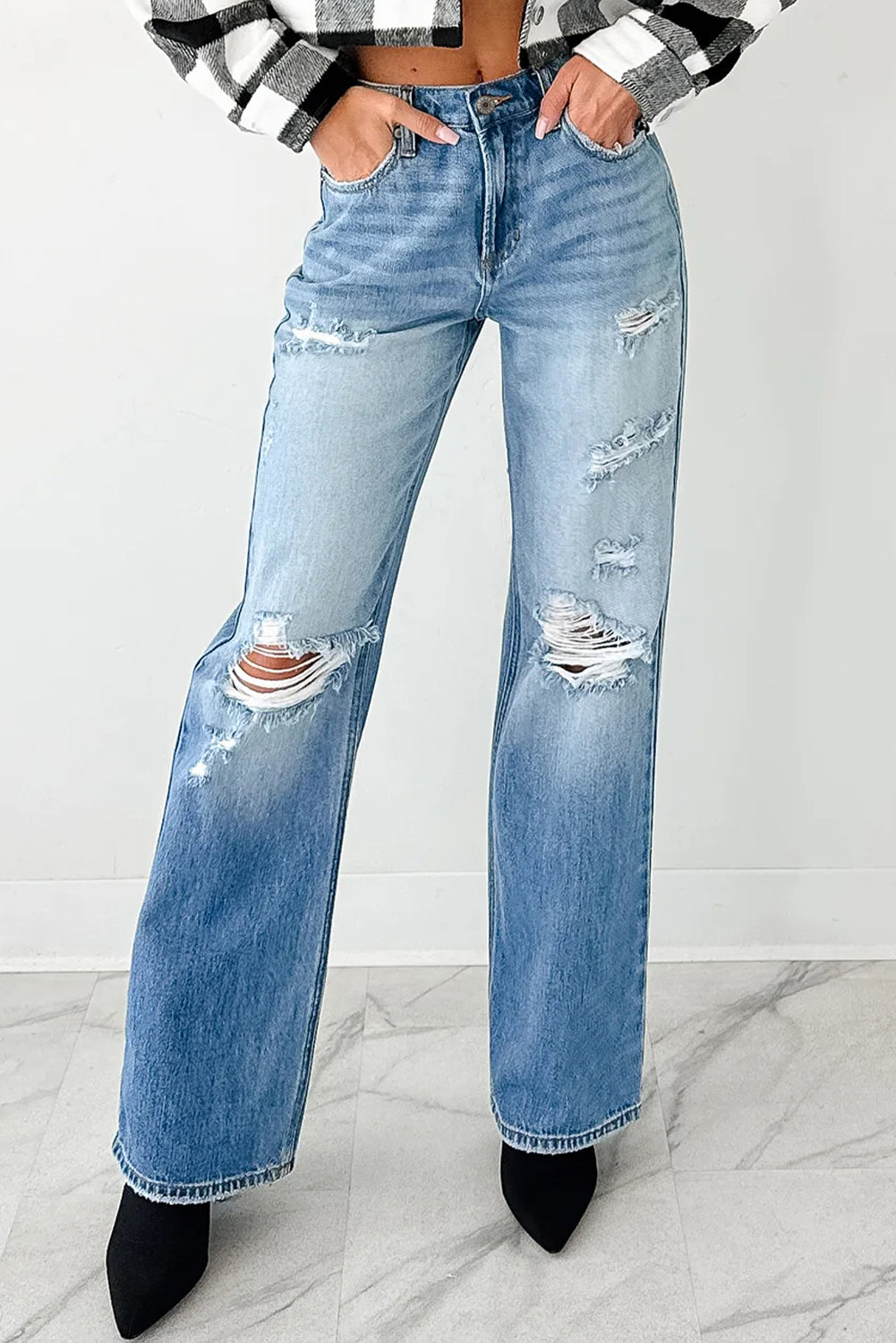 Myosotis Mid Rise Distressed Sneak Peek Straight Leg Jeans Dear-Lover Dropshipping