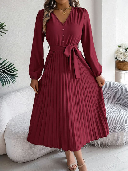 Elegant V-Neck Long Sleeve Dress with Sheer Tied Design