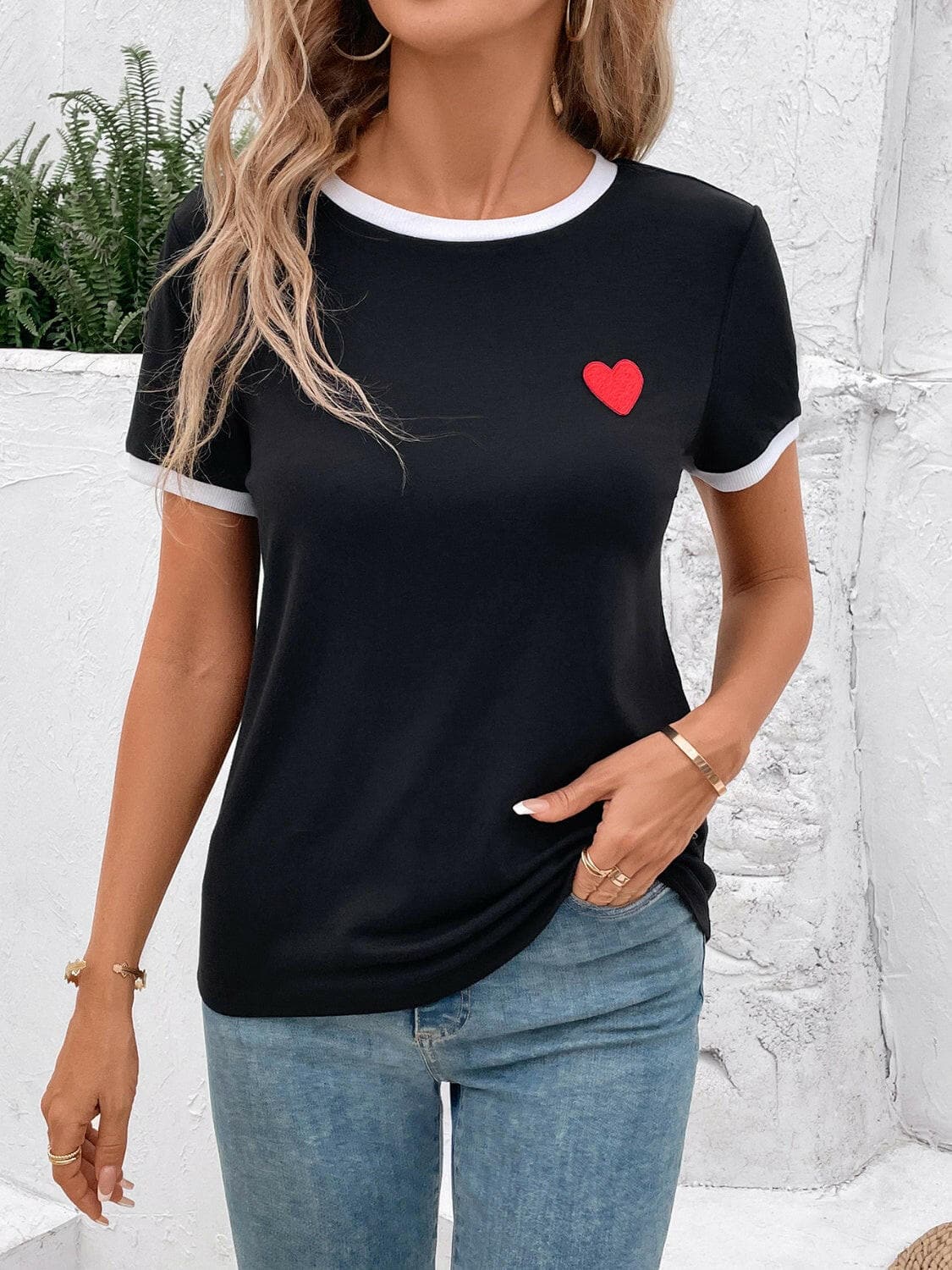 Heart Round Neck Short Sleeve T-Shirt.