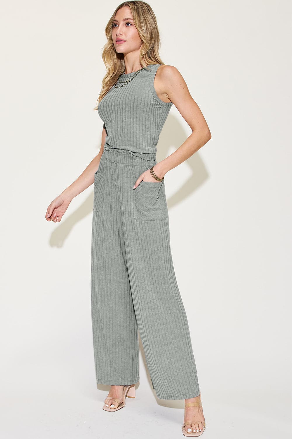 Basic Bae Full Size Ribbed Tank and Wide Leg Pants Set.