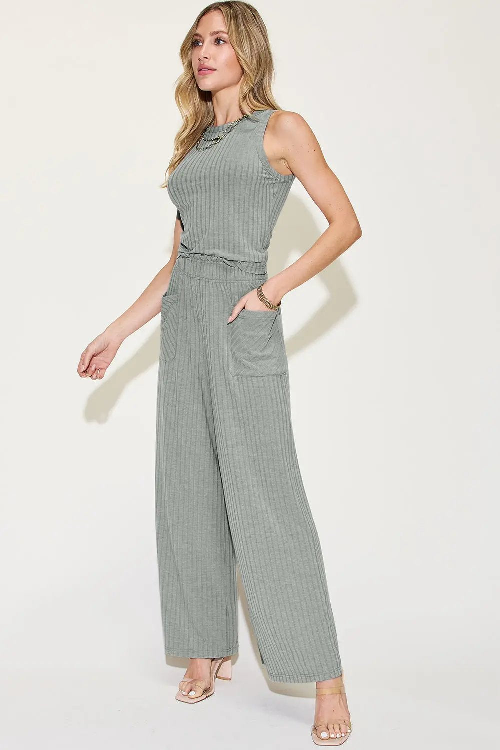 Basic Bae Full Size Ribbed Tank and Wide Leg Pants Set - Love Salve