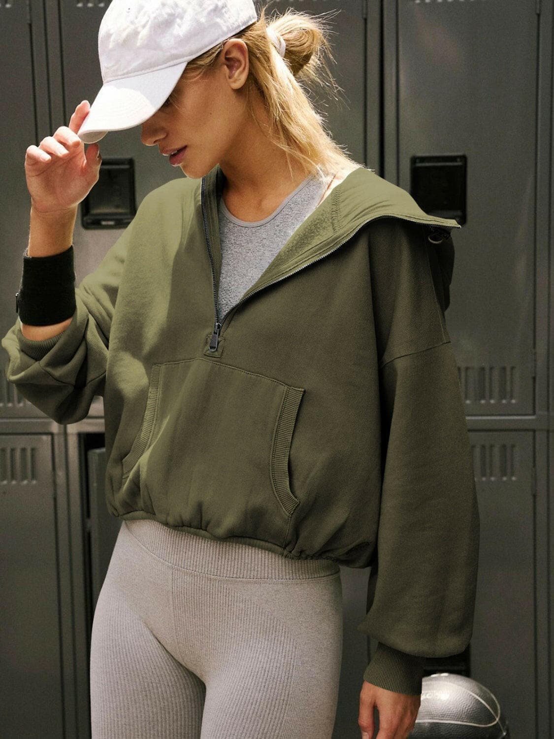 Half Zip Pocketed Dropped Shoulder Hoodie.